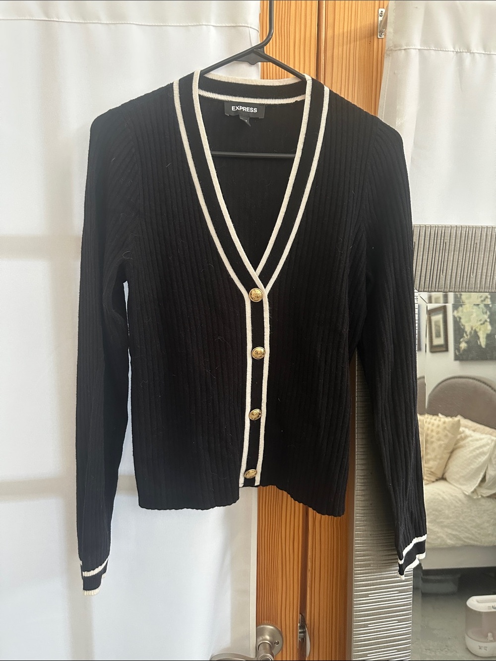 Express Black Ribbed Cardigan with Cream Trim and Gold Buttons